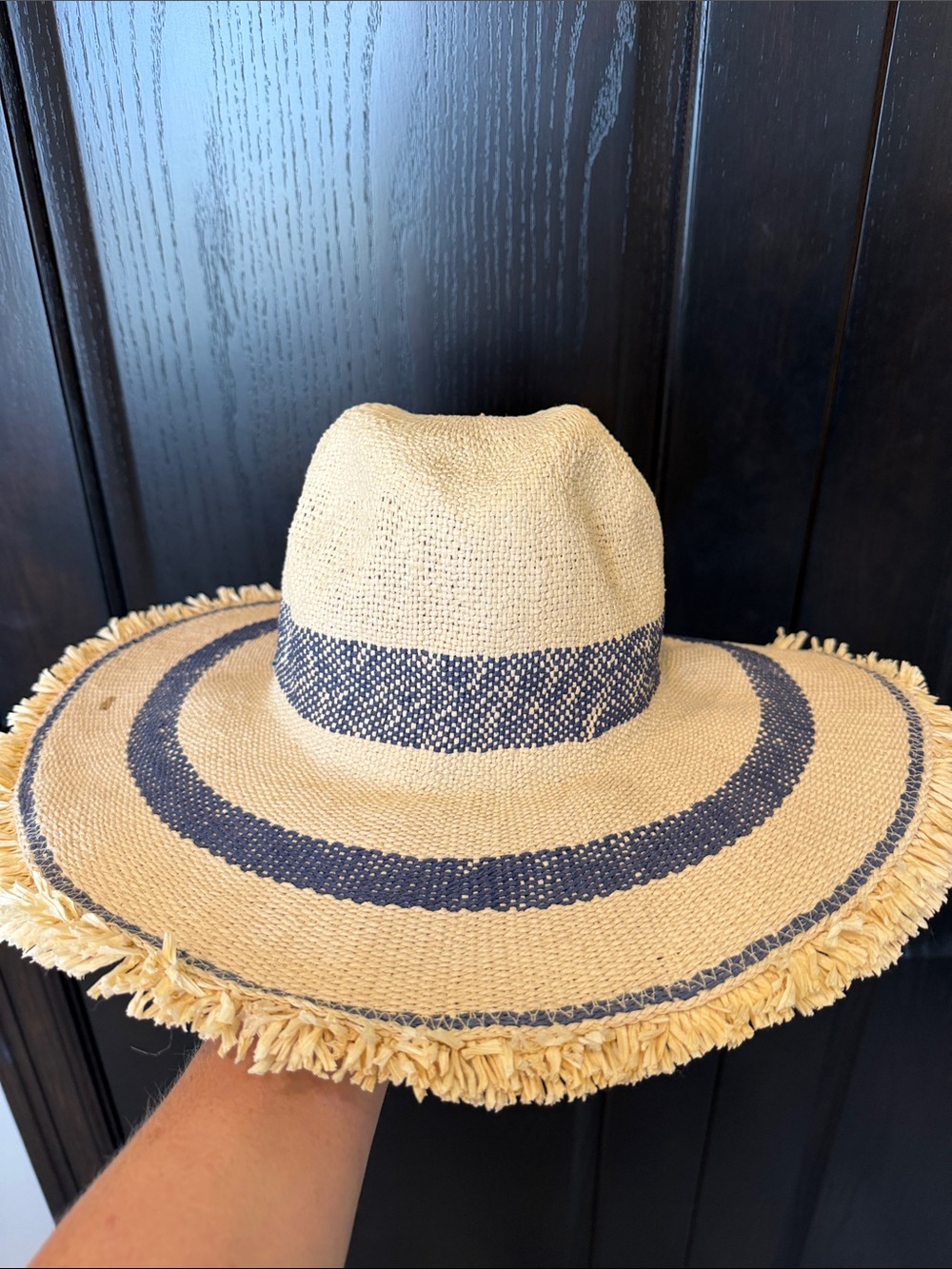 Coolibar Beige Straw Sun Hat with Navy Accent and Fringe